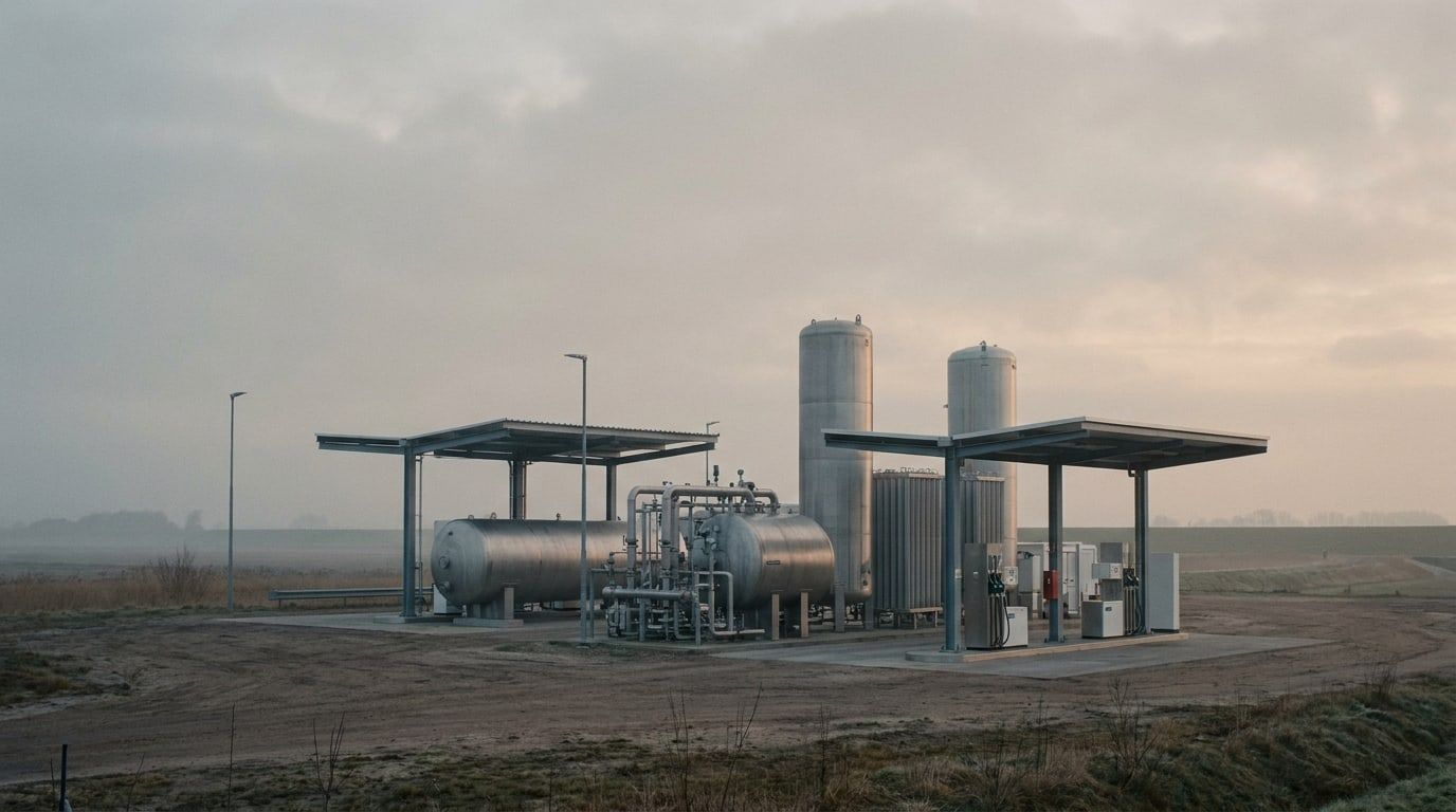 Hydrogen and LNG fuelling station at dawn