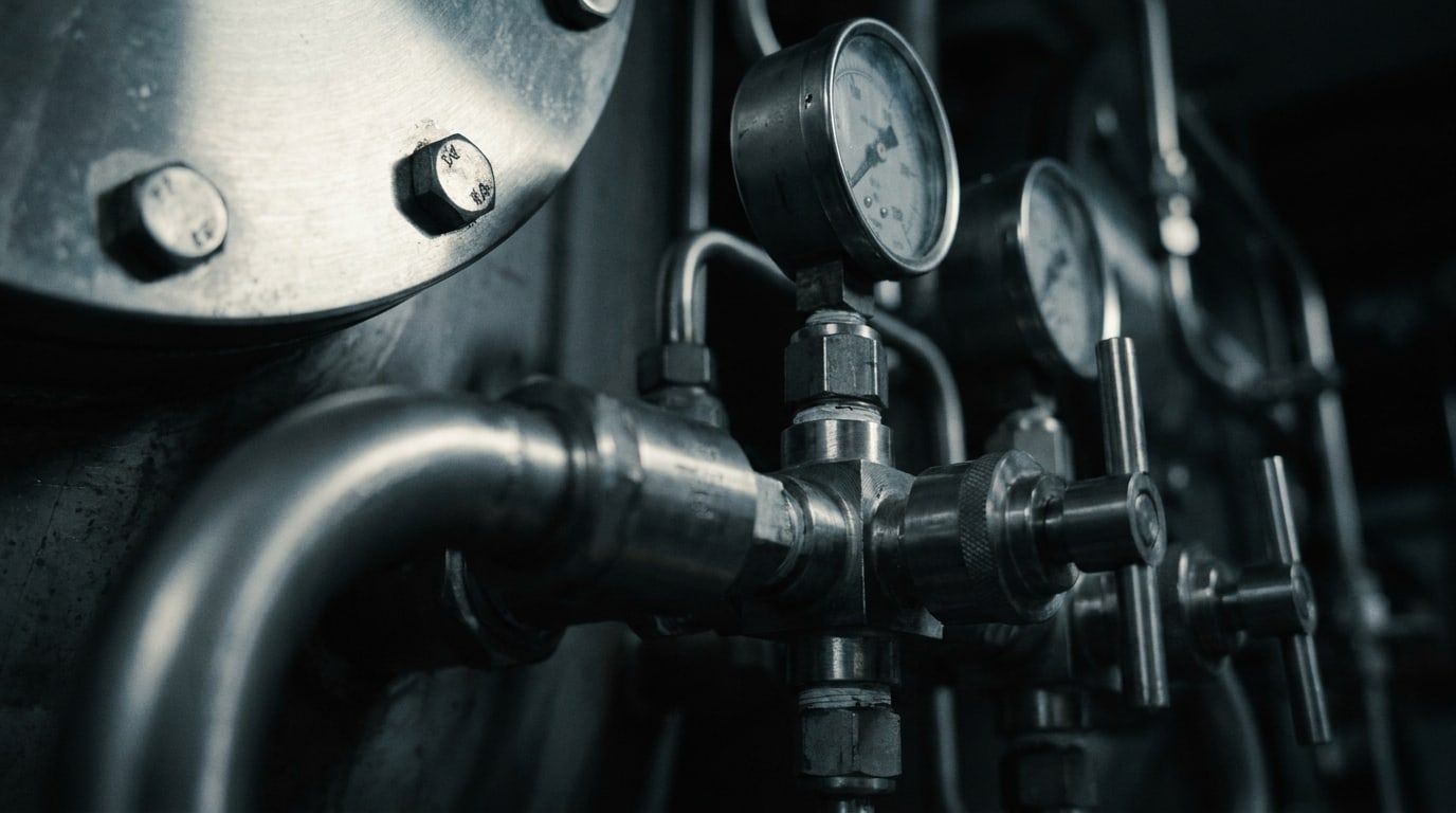 Stainless valve manifold and gauges on hydrogen equipment